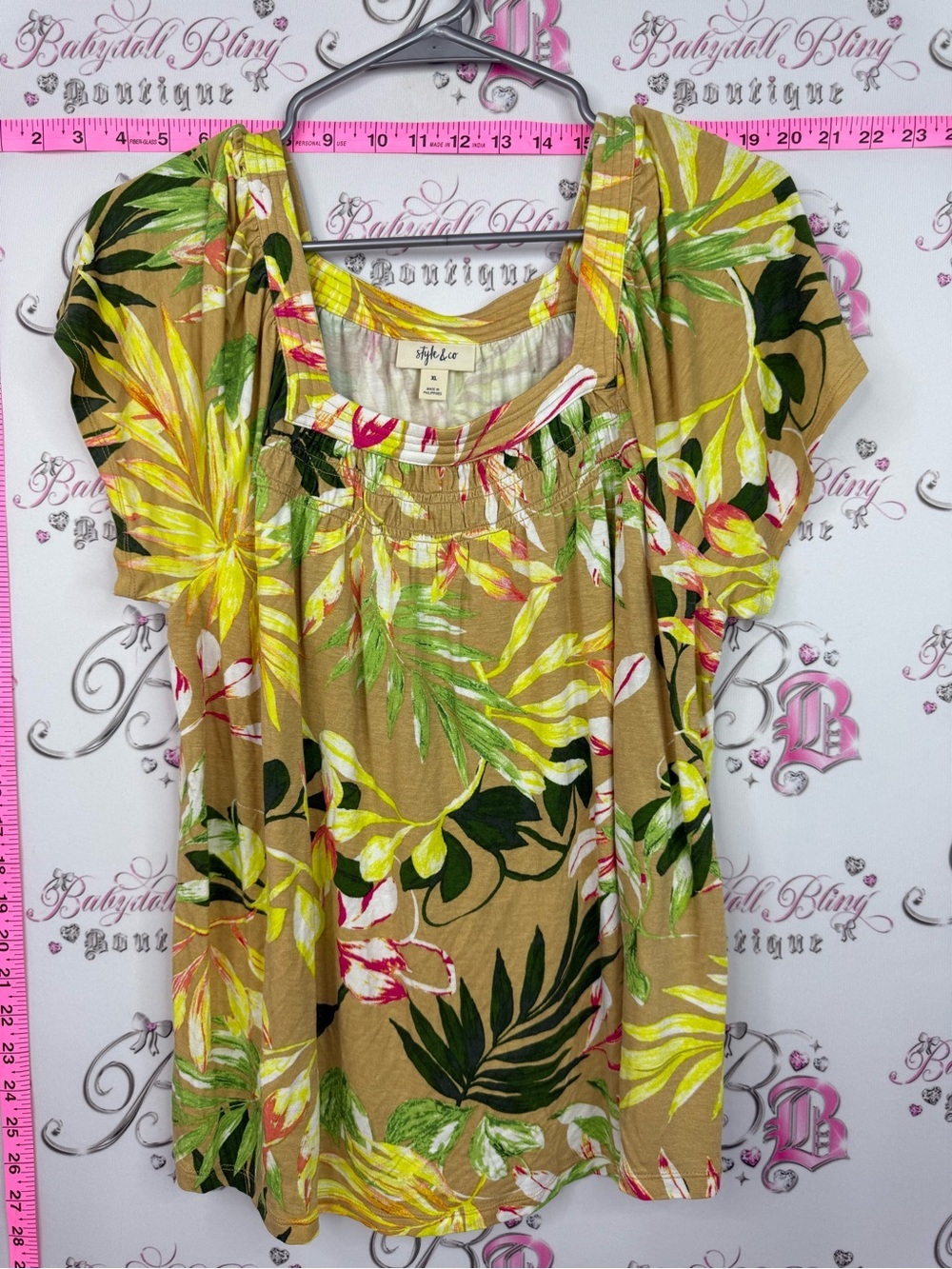 Style & Co. Tropical Floral Scoop Neck Tunic in Tan, Yellow & Green